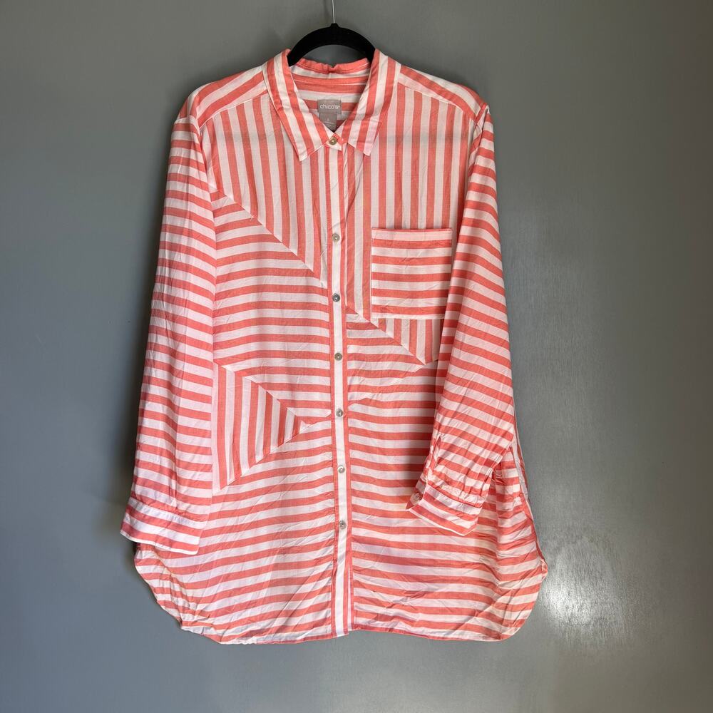 CHICO'S Women's 16-18 Coral Orange Striped Blouse w/ Pockets Long Sleeve Light